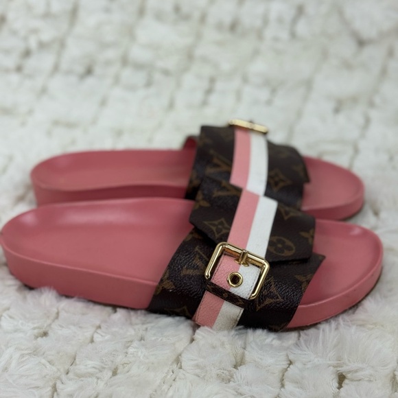 Vintage Women’s Louis Vuitton Monogram Pink Stripe Buckle Slides Size 8 - Picture 8 of 14